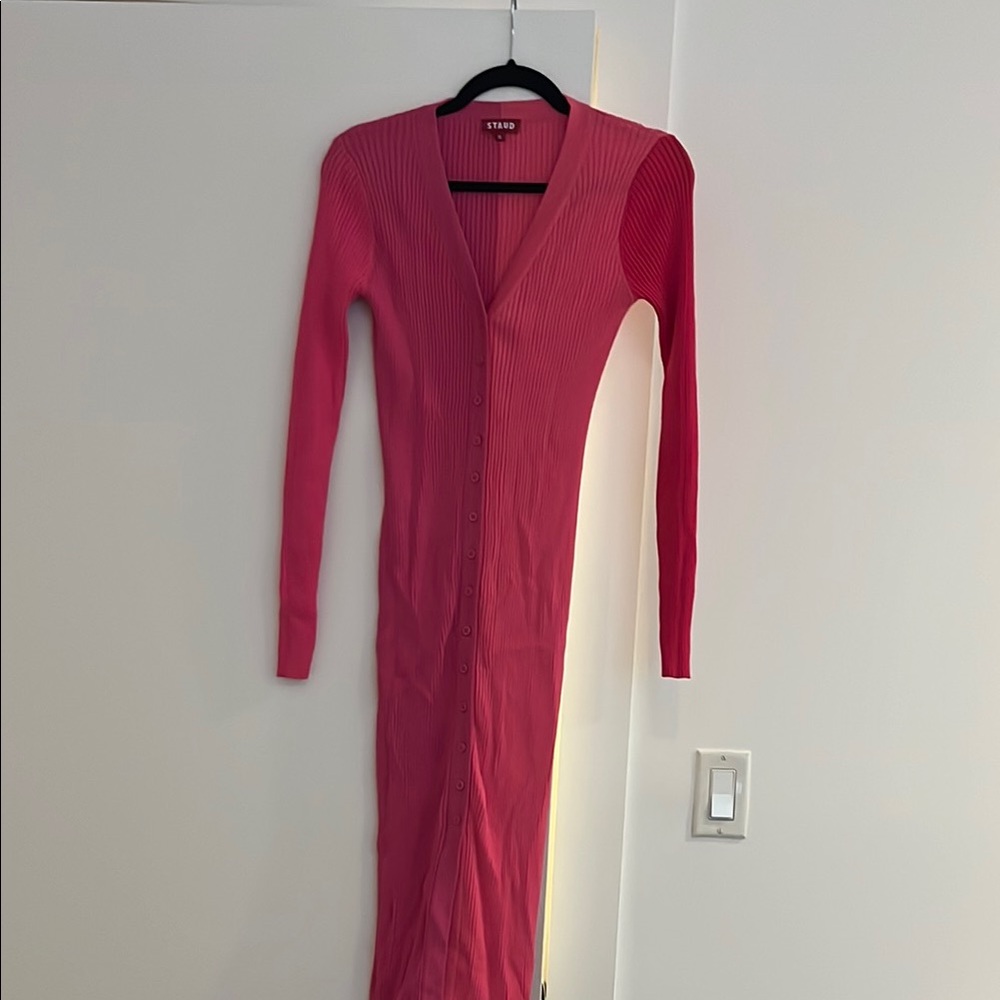 STAUD Shoko Pink Long Sleeve V-Neck Bodycon Dress